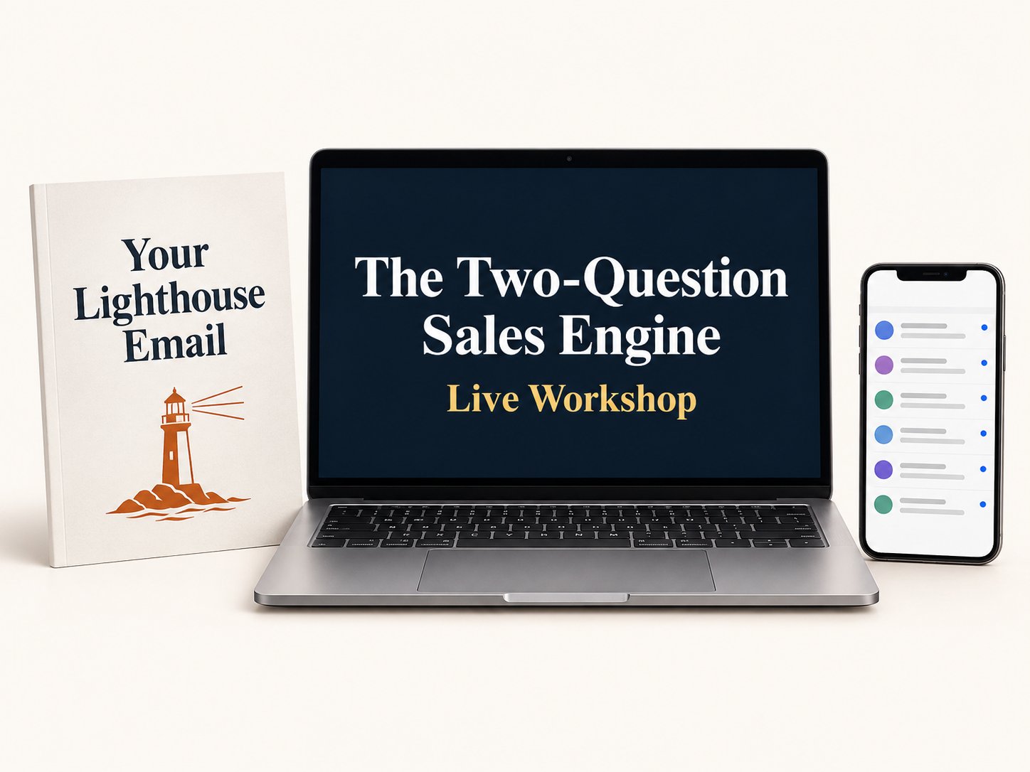 The Two-Question Sales Engine live workshop on a laptop, the Your Lighthouse Email workbook, and a phone inbox