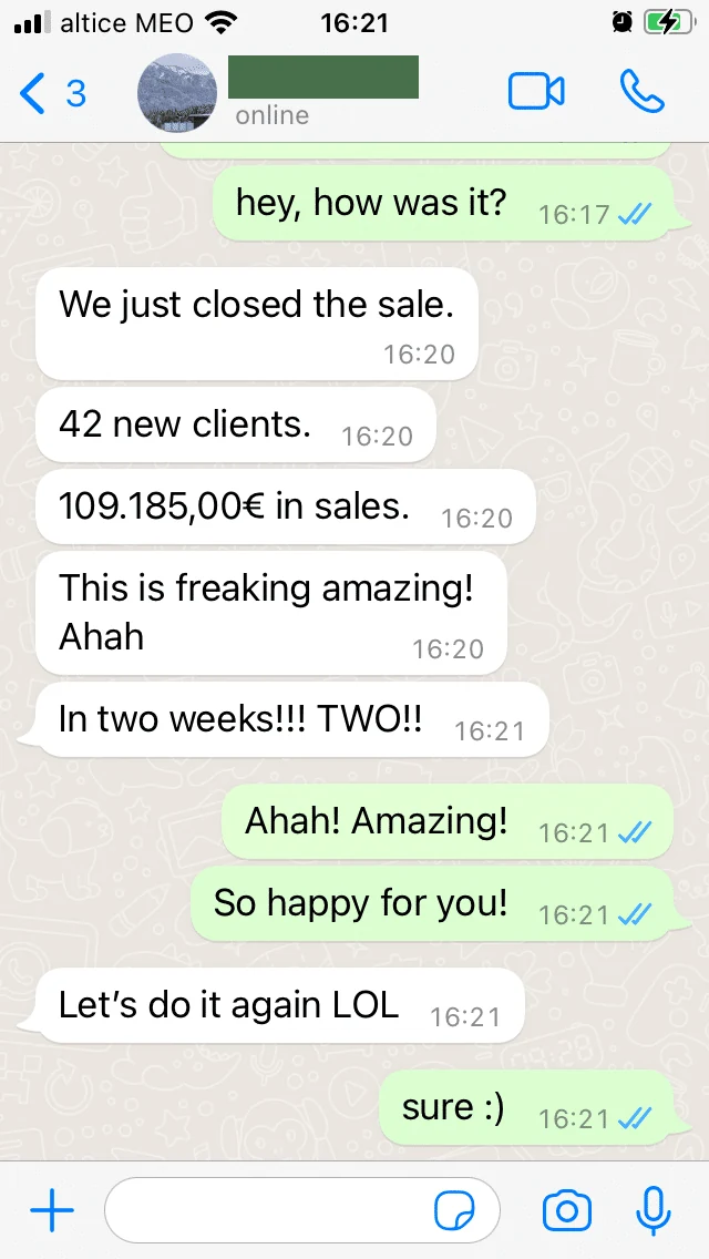 WhatsApp chat: a partner tells Pedro they just closed the sale, 42 new clients, 109,185 euros in sales, in two weeks