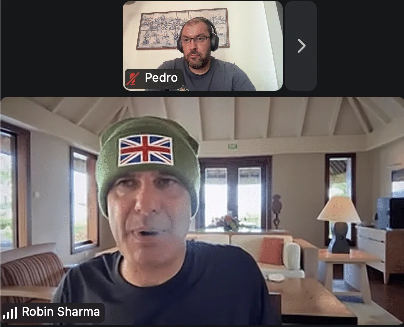 Zoom call with Pedro at the top and Robin Sharma below